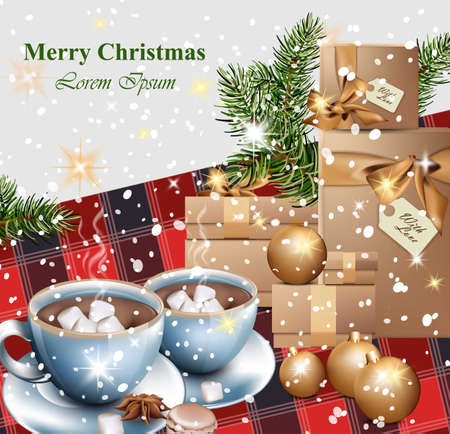 Merry Christmas card design with gifts and hot chocolate cups.のイラスト素材