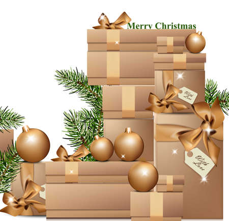 Gold Gift boxes in winter holidays realistic illustrationのイラスト素材