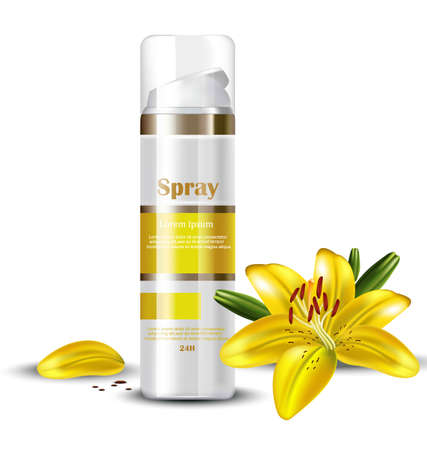 Spray serum Cosmetics realistic mock up. Hydration cream with yellow lily extract. Template advertising, flyer, banner, poster. 3d illustrationsのイラスト素材