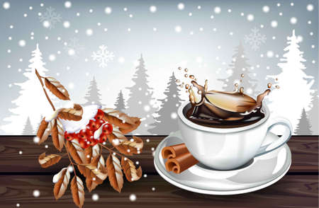 Hot Coffee splash in a white cup on winter background. Vector realistic illustrationのイラスト素材