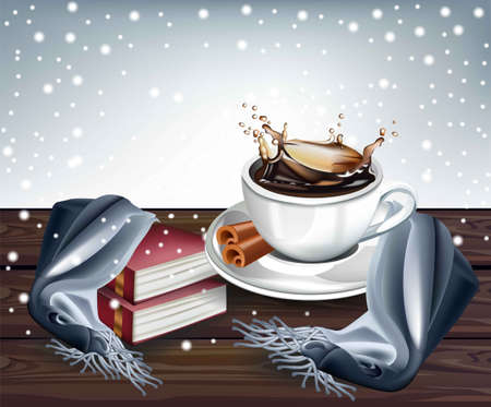 Hot Coffee splash winter background. Vector realistic illustrationのイラスト素材