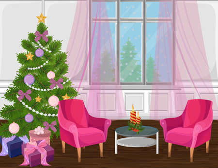 Classic livingroom interior with Christmas tree Vector. cartoon style colorful illustrationのイラスト素材