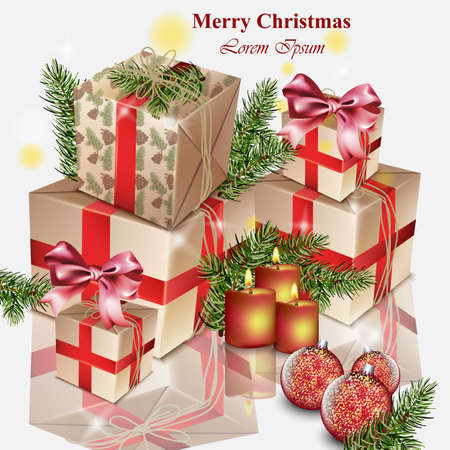 Christmas gifts realistic Vector. Merry Christmas card decorのイラスト素材