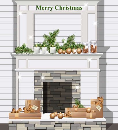 White fireplace with Christmas decor Vector realisticのイラスト素材