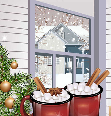 Hot drink with marshmallow red cups, realistic winter designs.のイラスト素材