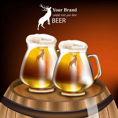 Beer mugs Vector realistic design. Mock up product packaging. Wood barrel red background illustrationのイラスト素材