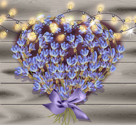 Lavender greeting card. Valentines day Flowers decor on wood background Vector illustrationのイラスト素材