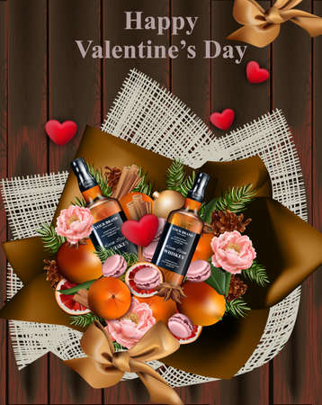 Happy Valentine day whiskey and decorations on wood background Vector illustration realisticのイラスト素材