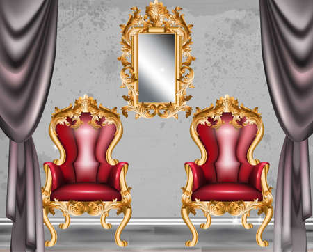 Red Baroque glamour armchair. Furniture with Victorian ornamented fabric. Vector realistic 3D designのイラスト素材