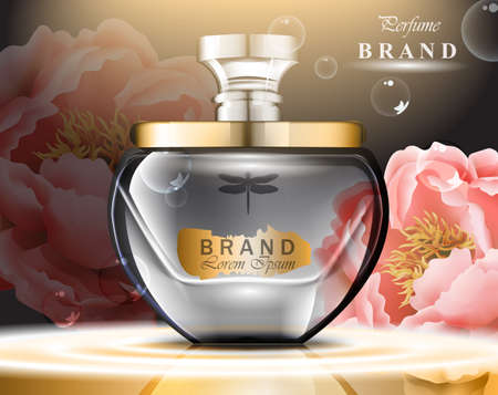 Perfume bottle delicate roses fragrance. Realistic Vector Product packaging design mock upのイラスト素材