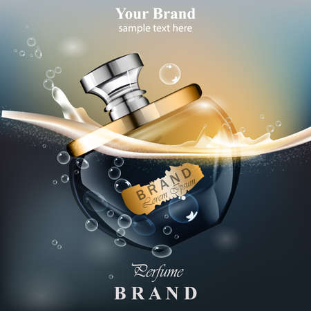 Perfume bottle water bubbles background. Realistic Vector Product gold packaging design mock ups.のイラスト素材