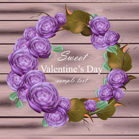 Peony flowers wreath Vector. Ultra violet floral round frame. Valentine day cards. Wooden texture background.のイラスト素材