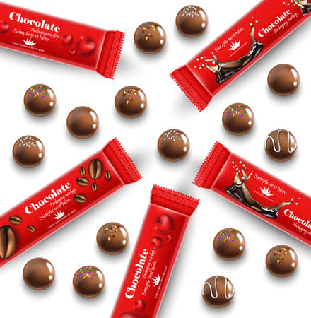 Red chocolates truffles Vector realistic. Product packaging mock up. 3d illustrationのイラスト素材