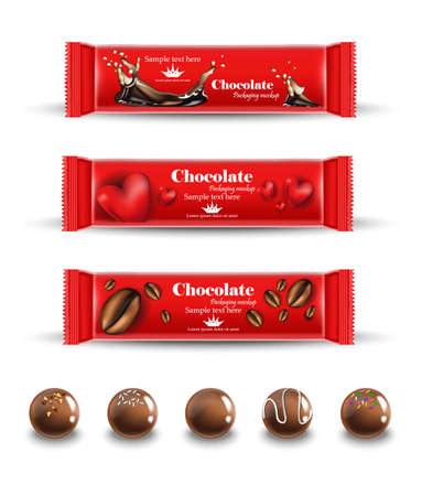 Red chocolates truffles Vector realistic. Product packaging mock up. 3d illustrations on whiteのイラスト素材