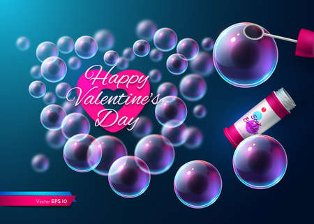 Valentine day soap transparent bubbles Vector. Realistic heart shape card illustrationのイラスト素材