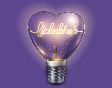 Light bulb heart shaped on violet background. Vector realistic 3d illustration. Valentine day cardのイラスト素材