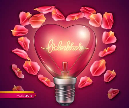 Light bulb heart shaped. Vector realistic 3d illustration. Valentine day bright card rose petals decorのイラスト素材