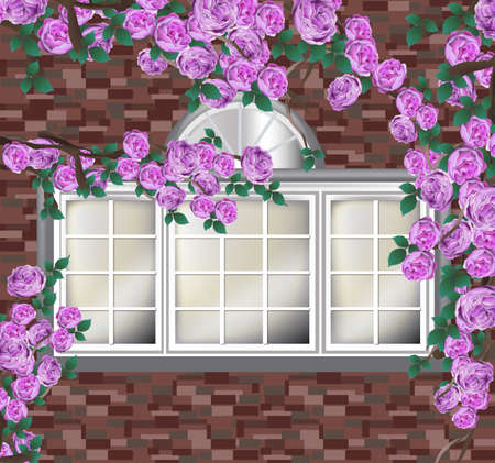Beautiful peonies on brick wall. provence style background Vector realisticのイラスト素材