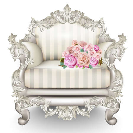 Baroque luxury armchair. Rich Furniture carved ornamented. Vintage striped fabric texture. Vector realistic 3D designのイラスト素材