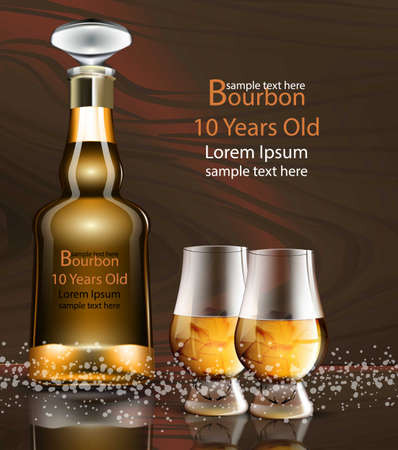 Bourbon bottle and glasses realistic Vector. product packaging mock up detailed illustrationのイラスト素材