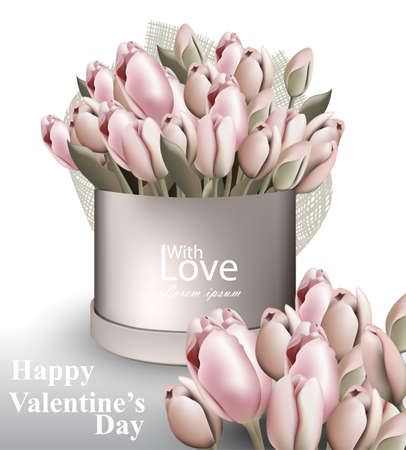 Tulip flowers bouquet box Vector realistic. Valentine day card romantic. delivery flowers illustrationのイラスト素材