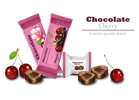 Cherry Chocolates Vector realistic. Product packaging brand icon design mock upのイラスト素材