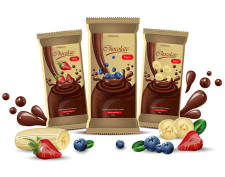 Vector realistic chocolates mock up. product packaging label design. Delicious Fruits Blueberry, strawberry and banana flavorのイラスト素材