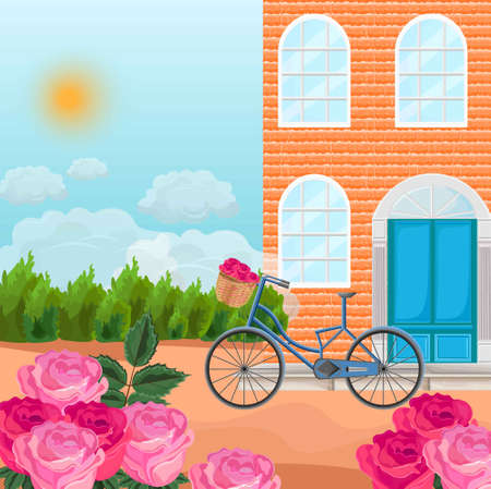 Brick house in a province background Vector. Bicycle and roses fields Summerのイラスト素材