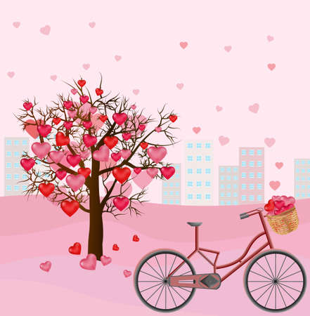 Hearts love tree and bicycle romantic background Vectorのイラスト素材