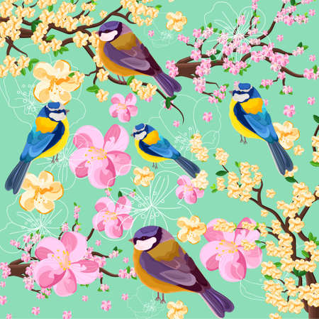 Blossom cherry flowers branch and birds pattern. Spring texture background illustrationsのイラスト素材