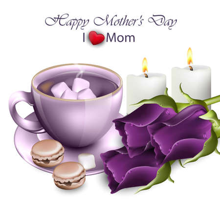 Happy mothers day coffee with ultra violet roses Vector illustrationのイラスト素材