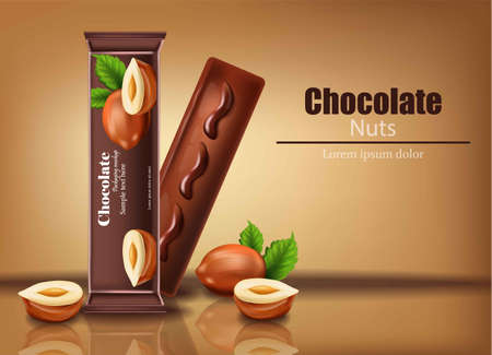 Chocolate bar with nuts Vector Realistic. Product packaging label design mock up sweetsのイラスト素材