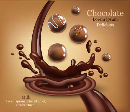 Round chocolates with splash Vector realistic. Detailed 3d illustration mock up templatesのイラスト素材