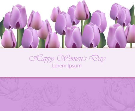 Women day card with purple tulip flowers. Vector realistic backgroundのイラスト素材