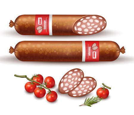 Salami sausage realistic vector. Fresh meat Product packaging mock upのイラスト素材
