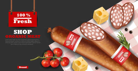 Salami sausage Vector realistic mock up. Fresh meat Product packaging advertiseのイラスト素材