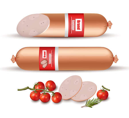 Bologna sausage Vector realistic. Product packaging mock upsのイラスト素材