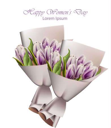 Tulip flowers bouquet Vector realistic wooden background. Vintage Spring cardsのイラスト素材