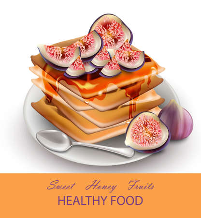 Healthy waffles breakfast with fig fruits topping. Vector illustrationのイラスト素材