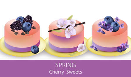Spring jelly desserts Vector. Fresh Fruits blueberry, cherry flowers decorのイラスト素材