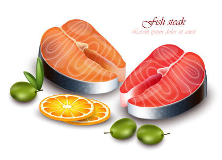 Salmon steak vector realistic icon. Detailed fish meat illustration.のイラスト素材