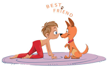 Happy Boy and puppy friendship concept. Vector cartoon characters illustrationのイラスト素材