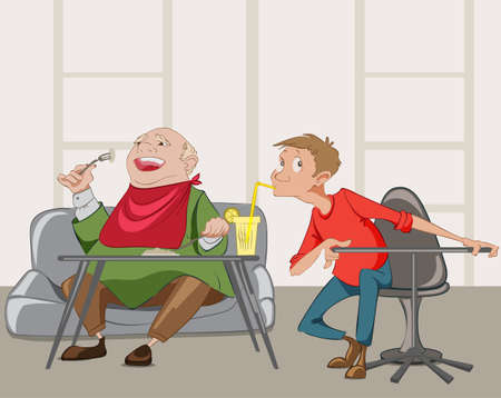 Fat man having meal in a cafe and a boy stealing his drink Vectorのイラスト素材