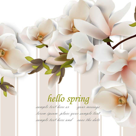 Hello spring card with magnolia flowers. Vintage Vector realistic backgroundのイラスト素材