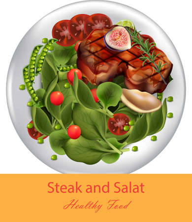 Steak and spinach salad Vector realistic. Healthy gourmet dinner. Template menu pagesのイラスト素材