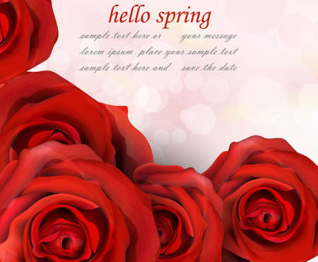 Hello spring red roses Vector. Romantic passional greeting card templatesのイラスト素材