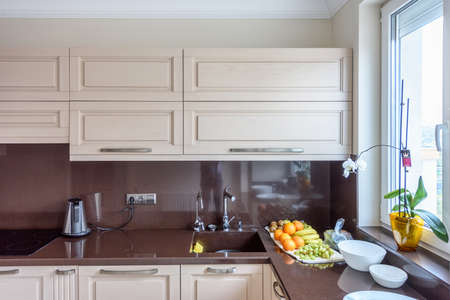 Modern kitchen interior. Appartement design Wide angle photoの写真素材