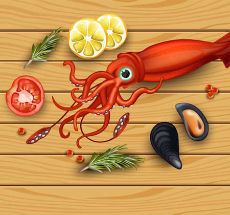 Squid and mussels seafood on wood background. Vector realistic detailed illustration.のイラスト素材