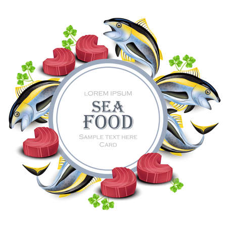 Tuna fish card vector. realistic tuna steak seafood round frame illustration.のイラスト素材