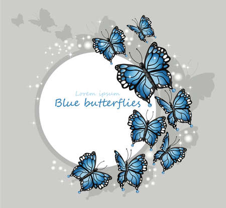 Blue butterflies card Vector illustration. Round frame place for text.のイラスト素材